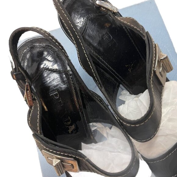 Prada Size 39.5 Leather Turnlock Slingback Sandals Black Block Heel Minimalist - Picture 12 of 15